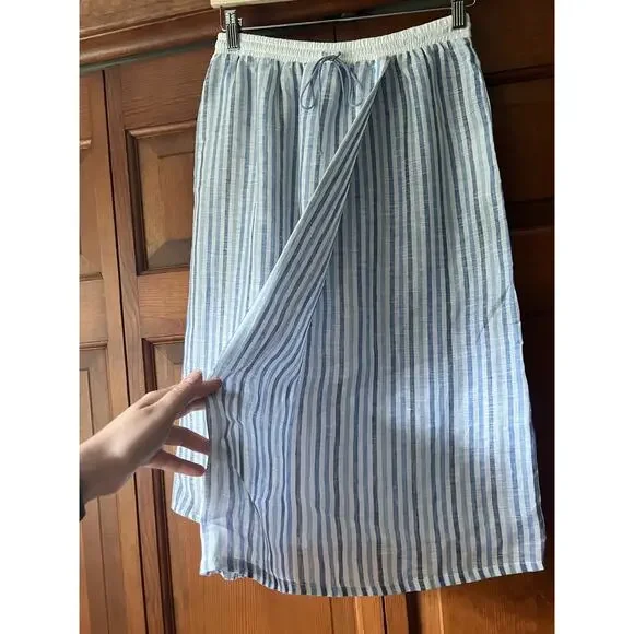 NWT Sita Murt Women's Stripe Woven Linen Skirt Drawstring Waistband SZ 40 (US 6)